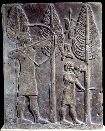 Fuglejaktscene. Lavt relieff i albaster fra Palace of Sargon II eller Sharroukin, konge av Assyria til Khorsabad (Khunsabad) (Mesopotamia), Irak. 722-705 f.Kr. Paris. Museet Louvre av Mesopotamian Mesopotamian