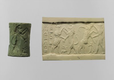 Sylinderforsegling av kamp med moderne inntrykk ca. 2250-2150 f.Kr. (albitt) av Mesopotamian Mesopotamian