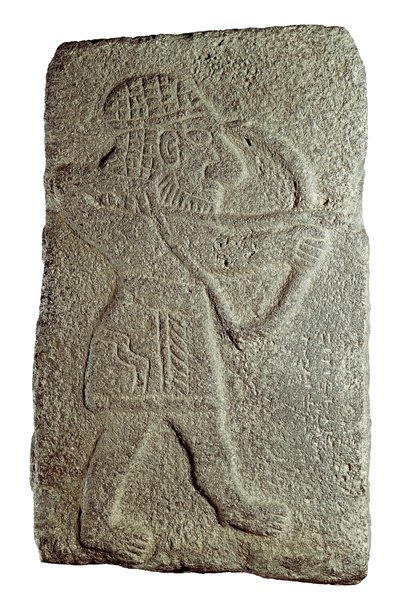 Hettittisk bueskytter, fra Palace of Kapara, King of Guzana, i Tell Halaf (Syria), 9. århundre f.Kr. (lavt relieff på stein) av Mesopotamian Mesopotamian