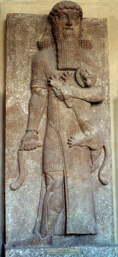 Mesopotamia: "" Statue av Sargon som mestrer en løve""" sa "" Gilgamesh"" Court Khorsabad (Khunsabad) 8. århundre. Paris, Louvre-museet av Mesopotamian Mesopotamian