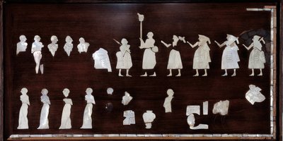 Mesopotamia: mosaikkelementer av Maris banner i bitumen, skjell og stein. 3500 f.Kr. ca. Fra tempelet til Ishtar av Mari. Søn 0,53x0,72 m Paris, musee du Louvre av Mesopotamian Mesopotamian
