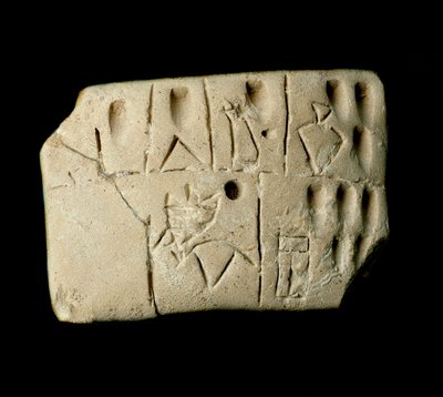 Mesopotamia: tavle av leirfortellinger i kileskrift. Fra templet til Eanna dedikert til gudinnen Inanna (ekvivalent med Ishtar blant sumererne) til Uruk (eller Uruk). 3200 f.Kr. Dim. 6,4x4,7 cm musee iraqi, Bagdad - Mesopotamia: kontoer leirefanen av Mesopotamian School