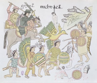 Slaget ved Michoacan mellom spanjolene og aztekerne, illustrasjon fra en faksimile av en meksikansk indisk bildehistorie Lienzo de Tlaxcala fra ca. 1550, 1892 av Mexican School