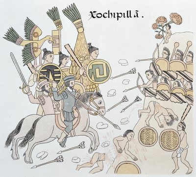 Slaget ved Xochipilla mellom spanjolene og aztekerne, illustrasjon fra en faksimile av en meksikansk indisk bildehistorie Lienzo de Tlaxcala fra ca. 1550, 1892 av Mexican School