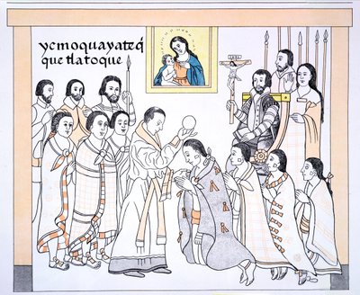 Caciques mottar nattverd fra en prest i huset til Hernando Cortes (1485-1547), illustrasjon fra en faksimile av en meksikansk indisk bildehistorie Lienzo de Tlaxcala fra ca. 1550, 1892 (fargebelyst av Mexican School