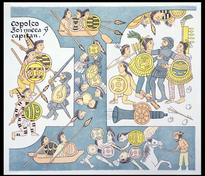 Siste slag mellom Hernando Cortes (1485-1547) og Cuauhtemoc ved Tenochtitlan, august 1521, illustrasjon fra en faksimile av en meksikansk indisk bildehistorie Lienzo de Tlaxcala fra ca. 1550, 1892 (colo av Mexican School