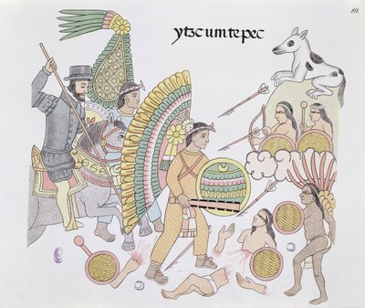 Hernando Cortes (1485-1547), under beleiring ved Tenochtitlan, bestemmer seg for å forlate byen, illustrasjon fra en faksimile av en meksikansk indisk bildehistorie Lienzo de Tlaxcala fra ca. 1550, 1892 (farge litho av Mexican School