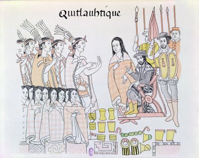 La Malinche (Dona Marina) fungerer som tolk under presentasjonen av kvinner og gull av Montezuma (1466-1520) til Hernando Cortes (1485-1547) illustrasjon fra en faksimile av et meksikansk indisk bilde av Mexican School