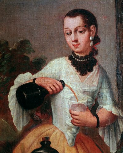 Dame som skjenker vin i et glass (Lady pouring wine in a glass) Skjermdetalj, maleri av den meksikanske skolen av Mexican School