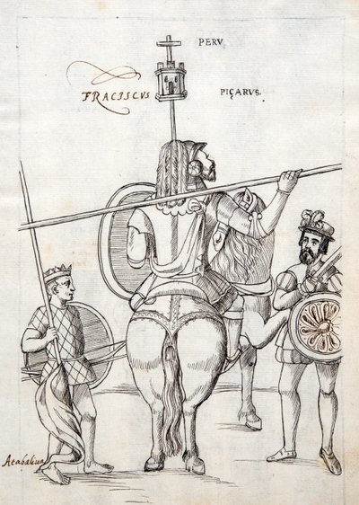MS Hunter 242 f.248r Picarus, eller Pizarro, og krigshest, illustrasjon fra Historia de Tlaxcala av Diego Munoz Camargo av Mexican School