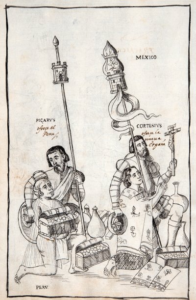 MS Hunter 242 f.248v Picarus (Pizarro) presenterer Peru og Cortesius (Cortes) Nueva Espana, illustrasjon fra Historia de Tlaxcala av Diego Munoz Camargo av Mexican School