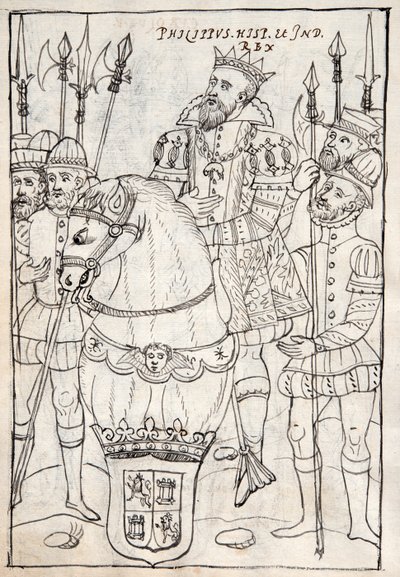 MS Hunter 242 f.249v Philip II sittende på hesteryggen, iført rekkefølgen av det gylne skinn, omgitt av stridsmenn, illustrasjon fra Historia de Tlaxcala av Diego Munoz Camargo (penn og blekk av Mexican School