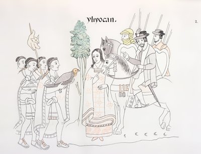 Møte mellom Hernando Cortes (1485-1547) og aztekerne, illustrasjon fra en faksimile av en meksikansk indisk bildehistorie Lienzo de Tlaxcala fra ca. 1550, 1892 av Mexican School