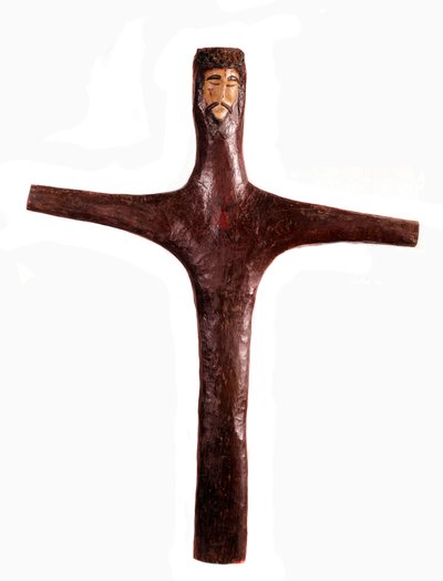 Meksikansk kunst: polykrom trekors med Kristi hode skåret i ett stykke. 1600-tallets søn. 2x1,56 m Mexico. Michoacan regionale museum av Mexican School