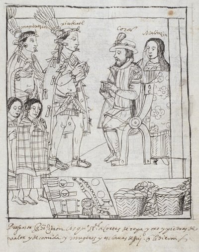 Montezuma møter Cortez Ms Hunter 242 f.255r Conquest of Mexico, fra Historia de Tlaxcala av Diego Munoz Camargo av Mexican School