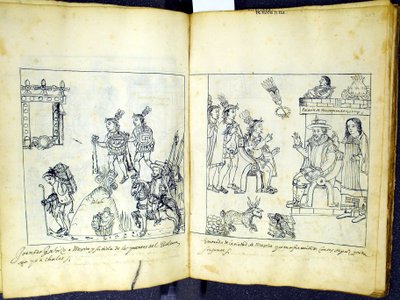 Ms Hunter 242 256v-257r Cortez og Montezuma, fra Historia de Tlaxcala av Diego Munoz Camargo av Mexican School