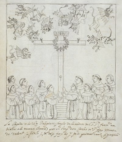 Ms Hunter 242 f.239v The Erection of the First Cross, fra Historia de Tlaxcala av Diego Munoz Camargo av Mexican School