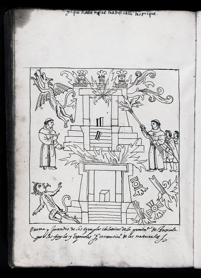 Ms Hunter 242 f.240v fransiskanernes brennende templer, illustrasjon fra Historia de Tlaxcala av Diego Munoz Camargo av Mexican School
