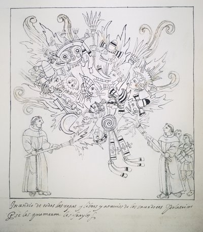 Ms Hunter 242 f.242r Fransiskanerbrødrene brenner tradisjonelle bøker og klær, fra Historia de Tlaxcala av Diego Munoz Camargo av Mexican School