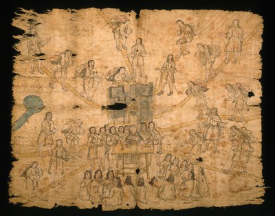 Side fra Codex San Pedro Atlapolco, Nahua (blekk og akvarell på amate-papir) (se også 499243) av Mexican School