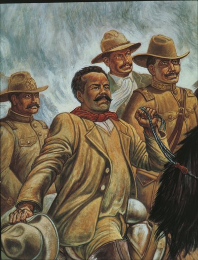 Pancho Villa i Zacatecas i 1910 (olje på plate) av Mexican School