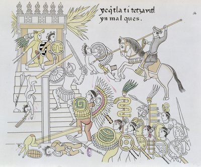 The Burning of the Idols av Hernan Cortes, illustrasjon fra en faksimile av en meksikansk indisk bildehistorie Lienzo de Tlaxcala fra ca. 1550, 1892 (fargegravering) av Mexican School