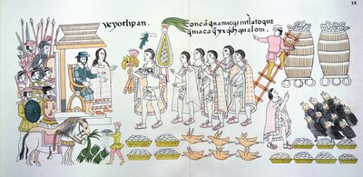 Tlaxcalan-høvdingen, Maxixcatzin, overrekker en bukett med roser og andre gaver til Hernando Cortes (1485-1547) som velkomsttegn, illustrasjon fra en faksimile av en meksikansk indisk bildehistorie av Mexican School