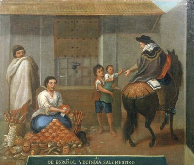 Tre figurer ved en markedsbod av Mexican School