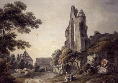 Et ødelagt kloster nær et gårdstun (akvarell) av Michael Rooker