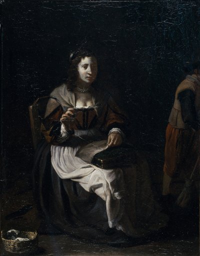 En kvinne som syr (olje på lerret) av Michael (attr. to) Sweerts