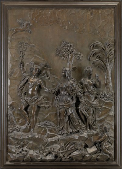 The Stowe Reliefs: Mercury Conducting Tragic and Comic Poetry to the Hill of Parnassus, ca. 1740 (bronsert limewood) av Michael (attr.to) Chuke