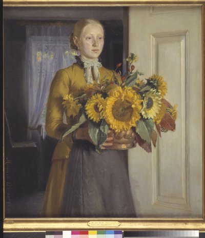 En jente med solsikker av Michael Ancher