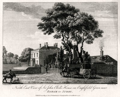 North East View of Sir John Elvils House på Englefield Green nær Egham i Surry, 1775 av Michael Angelo Rooker