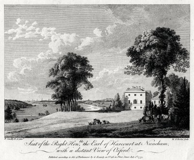 Sete for den høyre ærede jarlen av Harcourt i Nuneham, med en fjern utsikt over Oxford, 1775. av Michael Angelo Rooker