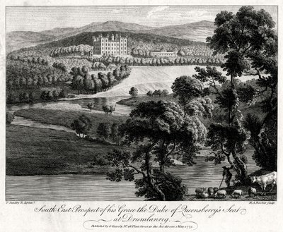 South East Prospect of his Grace the Duke of Queensberrys sete ved Drumlanrig, Skottland, 1775 av Michael Angelo Rooker