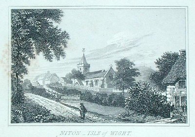 Niton Church, Isle of Wight, fra Michael Faradays utklippsbok (gravering) av Michael Faraday
