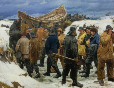 Livbåten kjøres gjennom sanddynene. 1883 av Michael Peter Ancher