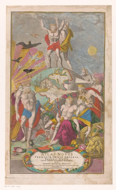 Atlas en Hercules bærer sternerhemel Tittelside for: Johann Baptista Homann, Atlas Novus Terrarum Orbis Imperia, Regna og Status Exacte Tabulis Geographicè Demonstrants, 1729 av Michael Rössler