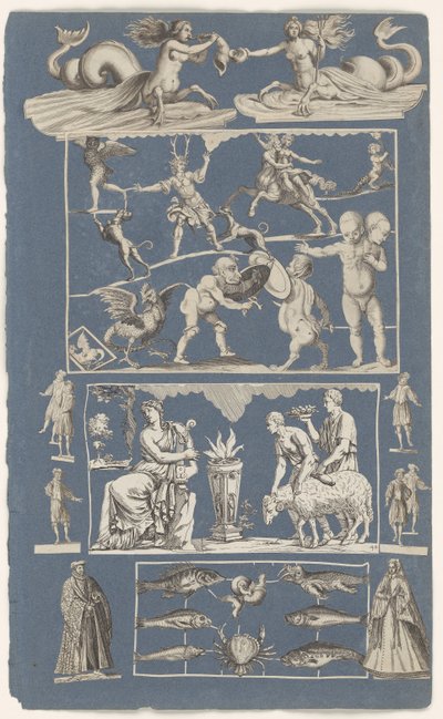 Collage av utklippede bilder limt på et albumark med blått papir Naturens underverker av Michael Snijders (attributed to)