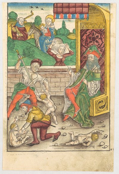 Bethlehemitischer Kindermord [Vordergrund] und Flucht nach Ägypten [Hintergrund] av Michael Wolgemut