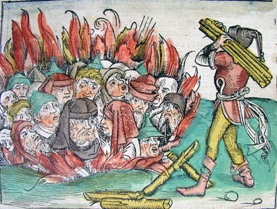 Brenning av jødene i Deggendorf i 1338 fra Schedels Chronicle of the World, 1493. av Michael Wolgemut