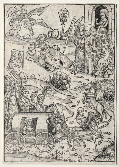 Der Schatzbehalter: The Return of Tobias to Tobit, The Arrival of Tobias Wife..., 1491. av Michael Wolgemut