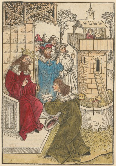 Ein Fürst kniet vor König Darius und der betende Daniel über der Löwengrube av Michael Wolgemut