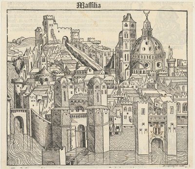 Phantasieansicht der Stadt Marseille [recto], drei Porträts (Phereades, Pythagoras und Sappho) [verso] av Michael Wolgemut