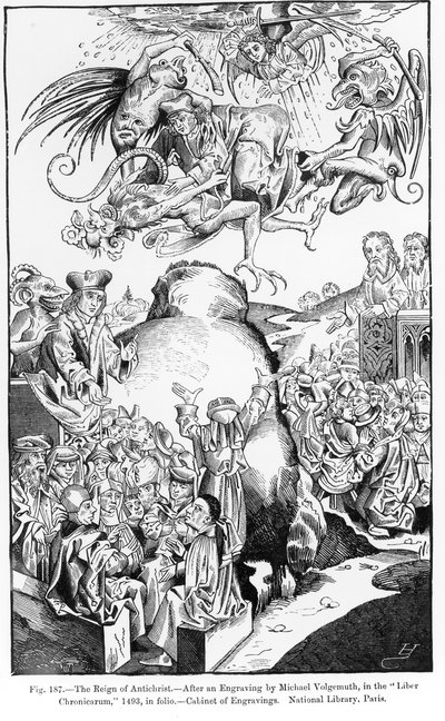 The Reign of Antichrist, fra Liber Chronicarum, utgitt i 1493, illustrasjon fra, Science and Literature in the Middle Ages and Renaissance, skrevet og gravert av Paul Lacroix, 1878 (gravert av Michael Wolgemut