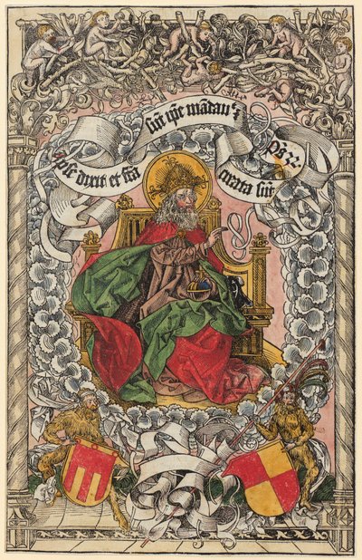 Titelholzschnitt mit Gottvater auf dem himmlischen Thron, die Hand segnend erhoben av Michael Wolgemut