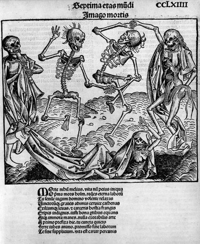 Makaber dansescene, med skjeletter, -i "" Chronicles of Nuremberg"" av Hartmann Schedel (1440-1514), redigert i Nürnberg av Anton Koberger, 12. juli av Michael and Pleydenwurff W. (d.1494) Wolgemuth