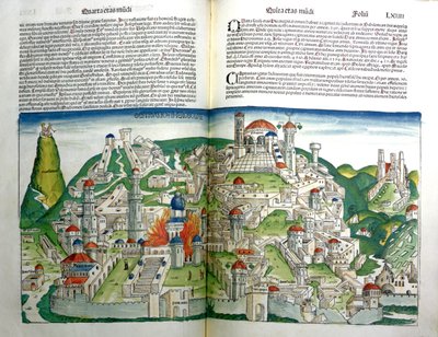 Den opprørte byen Jerusalem ødelagt av keiser Titus, fra Nürnberg-krøniken av Hartmann Schedel (1440-1514) trykt i 1493 av Michael and Pleydenwurff, W. Wolgemuth