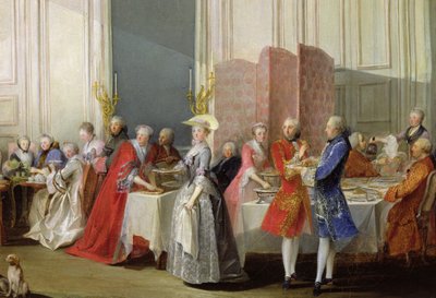 Engelsk te i Salon des Quatre Glaces i huset til Prince de Conti (1717-76) Palais du Temple, detalj av gjestene, 1766 av Michel Barthelemy Ollivier or Olivier