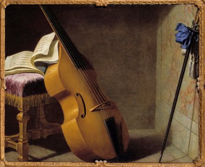 Bass, musikkbok og spee. Maleri av Michel Boyer (1668-1724) av Michel Boyer
